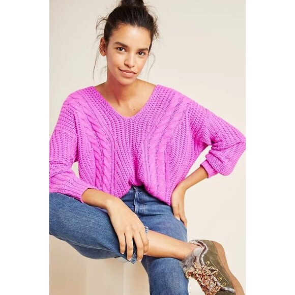 NWOT HEARTLOOM Evon Orchid Fuchsia Pink Cable Knit V-Neck Sweater, Size L - Picture 1 of 12